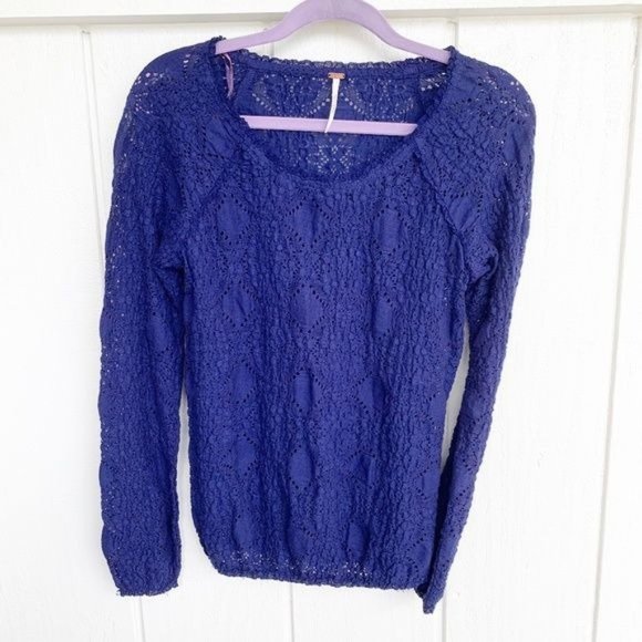 Free People Tops - Free People Royal Blue Lace Long Sleeve Top Women's Size Medium M